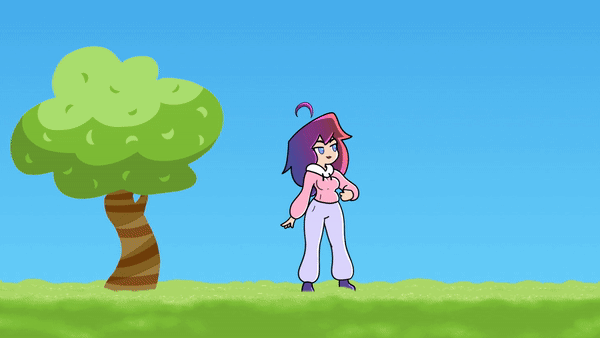 Iris, a girl with a pink sweater, lavender sweatpants and purple shoes. Her hair is a gradient, focused on red and purple. She's cycling through animations like drawing, walking, jumping, etc.