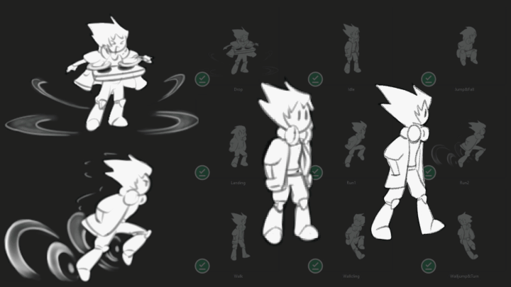 Vector animation sketches, a music themed character wearing headphones. He bounces in place while idling.